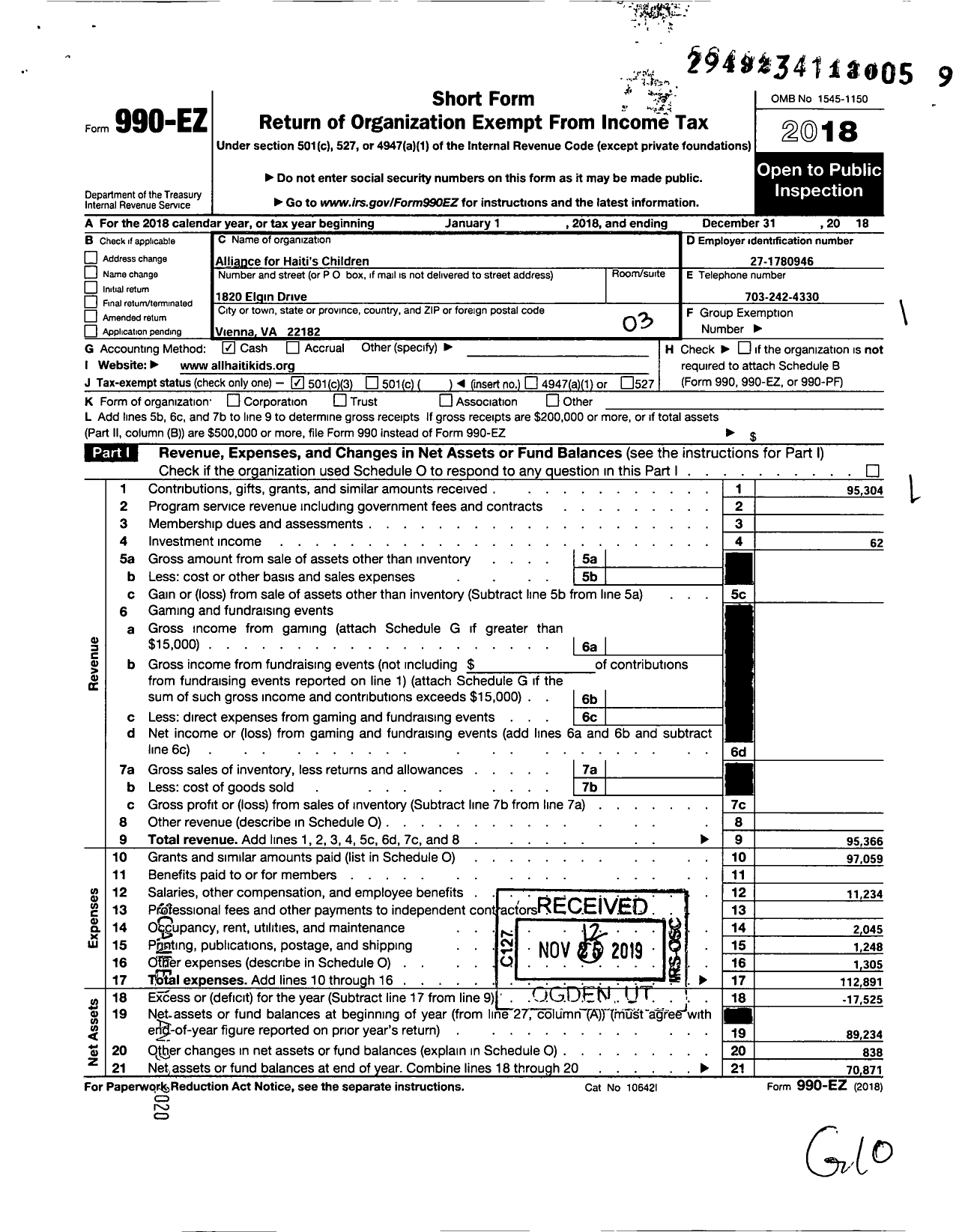 Image of first page of 2018 Form 990EZ for Alliance for Haitis Children