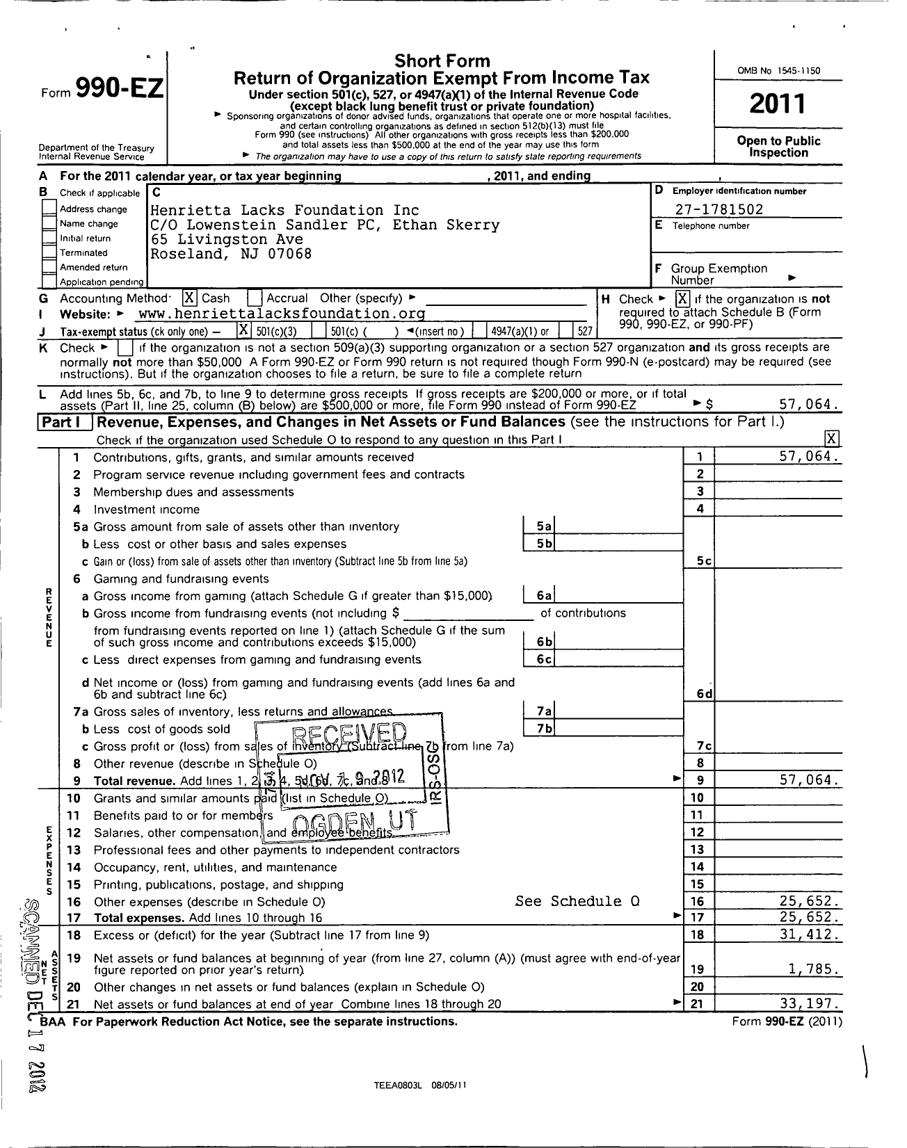 Image of first page of 2011 Form 990EZ for The Henrietta Lacks Foundation