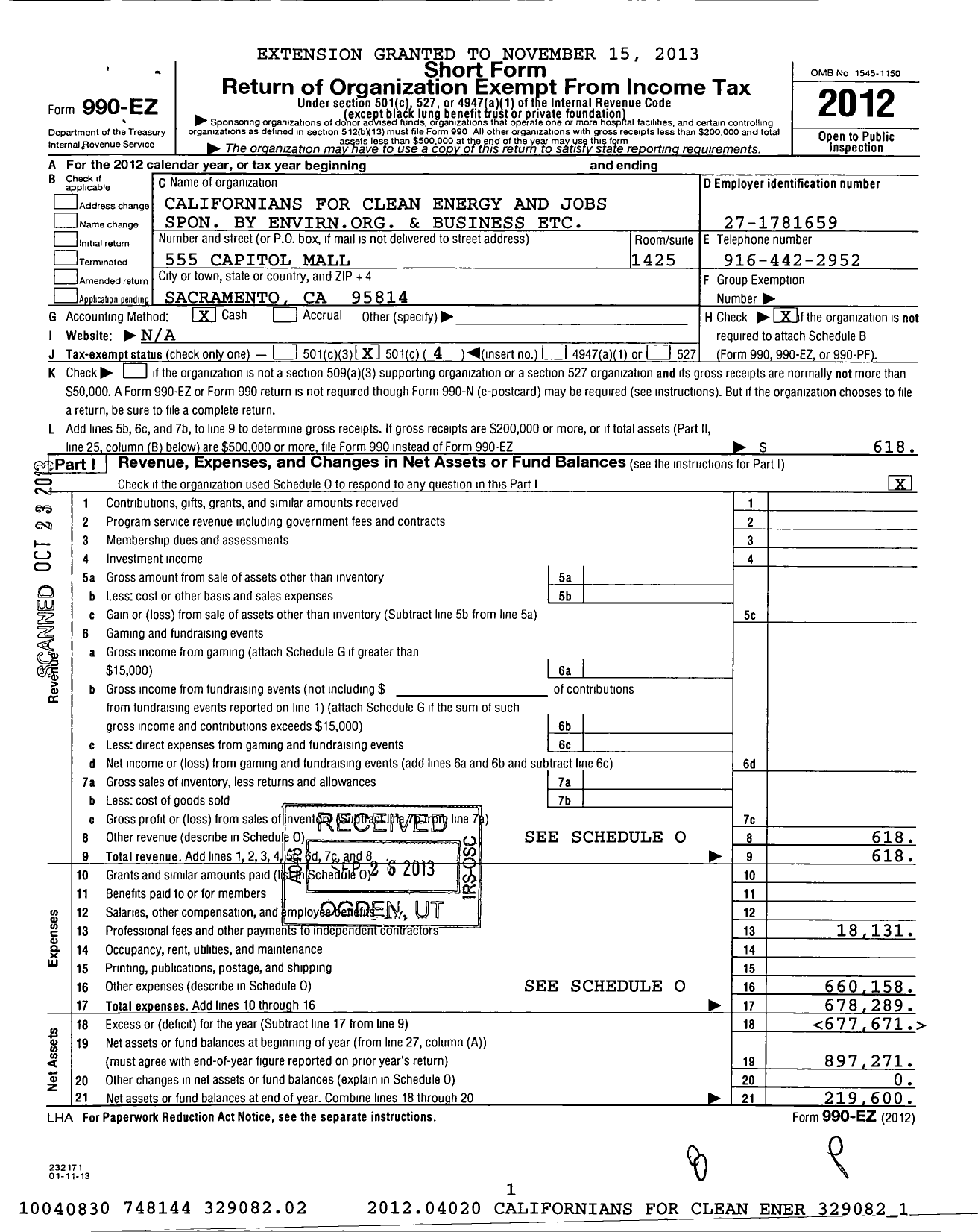 Image of first page of 2012 Form 990EO for Californians for Clean Energy and Jobs