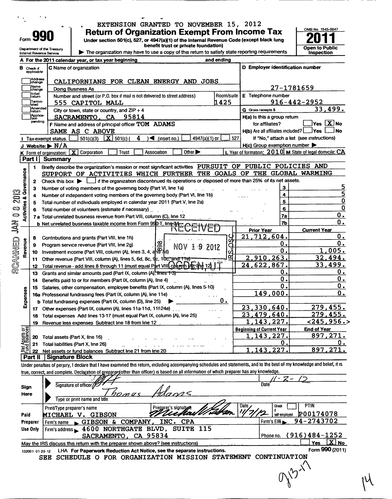 Image of first page of 2011 Form 990O for Californians for Clean Energy and Jobs