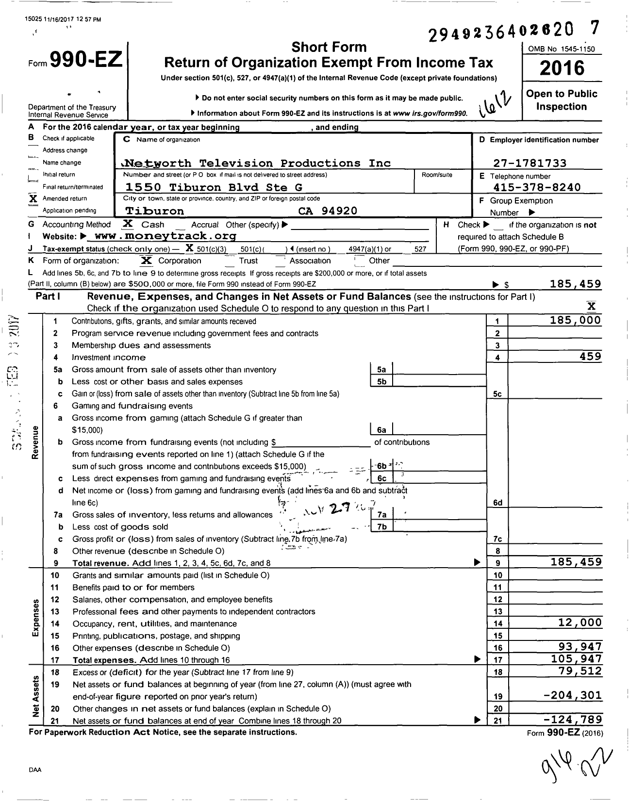 Image of first page of 2016 Form 990EZ for Networth Television Productions