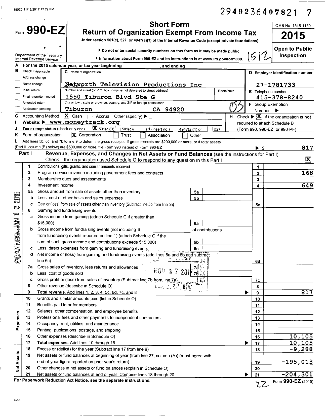 Image of first page of 2015 Form 990EZ for Networth Television Productions