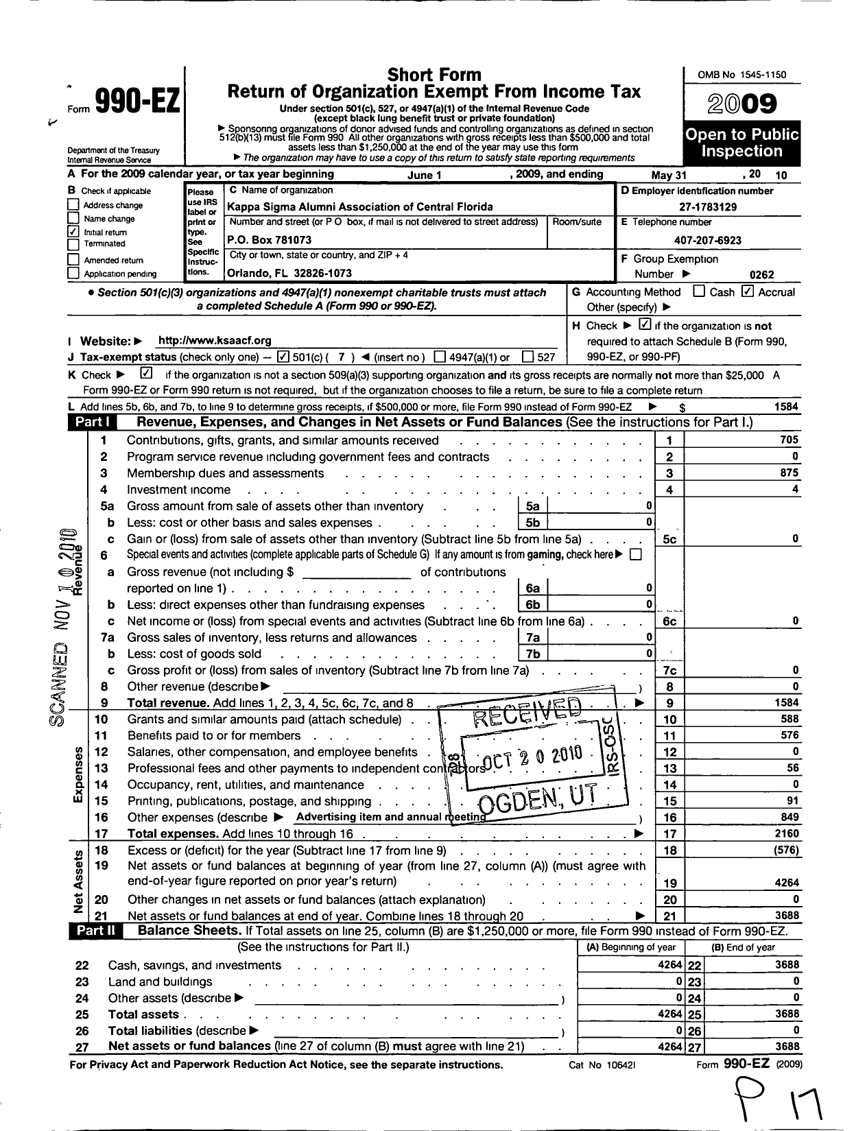 Image of first page of 2009 Form 990EO for Kappa Sigma Fraternity - Kappa Sigma Alumni Association