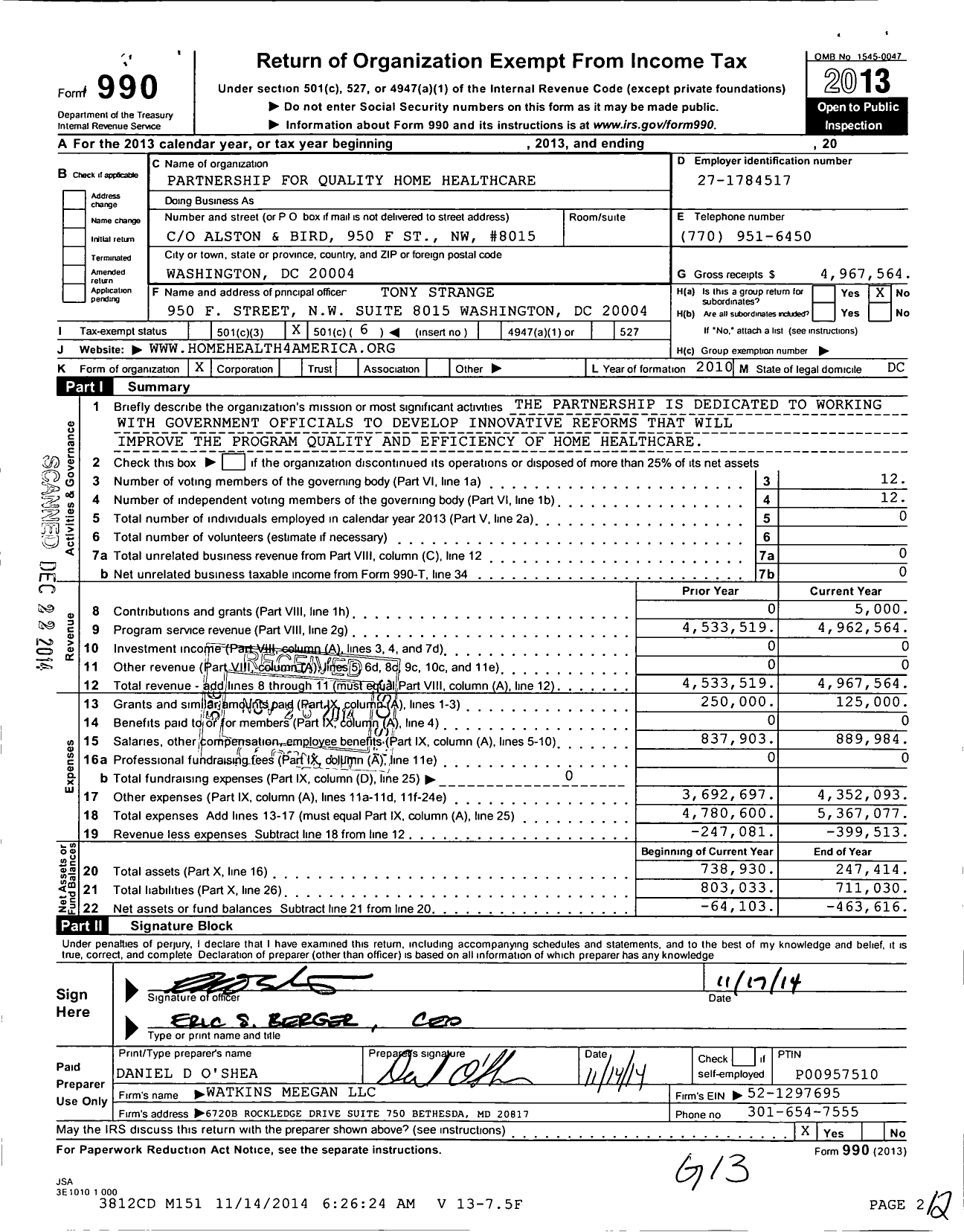 Image of first page of 2013 Form 990O for Partnership for Quality Home Healthcare (PQHH)