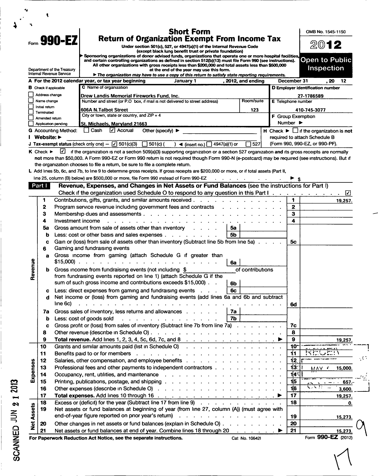 Image of first page of 2012 Form 990EZ for Drew Landis Memorial Fireworks Fund