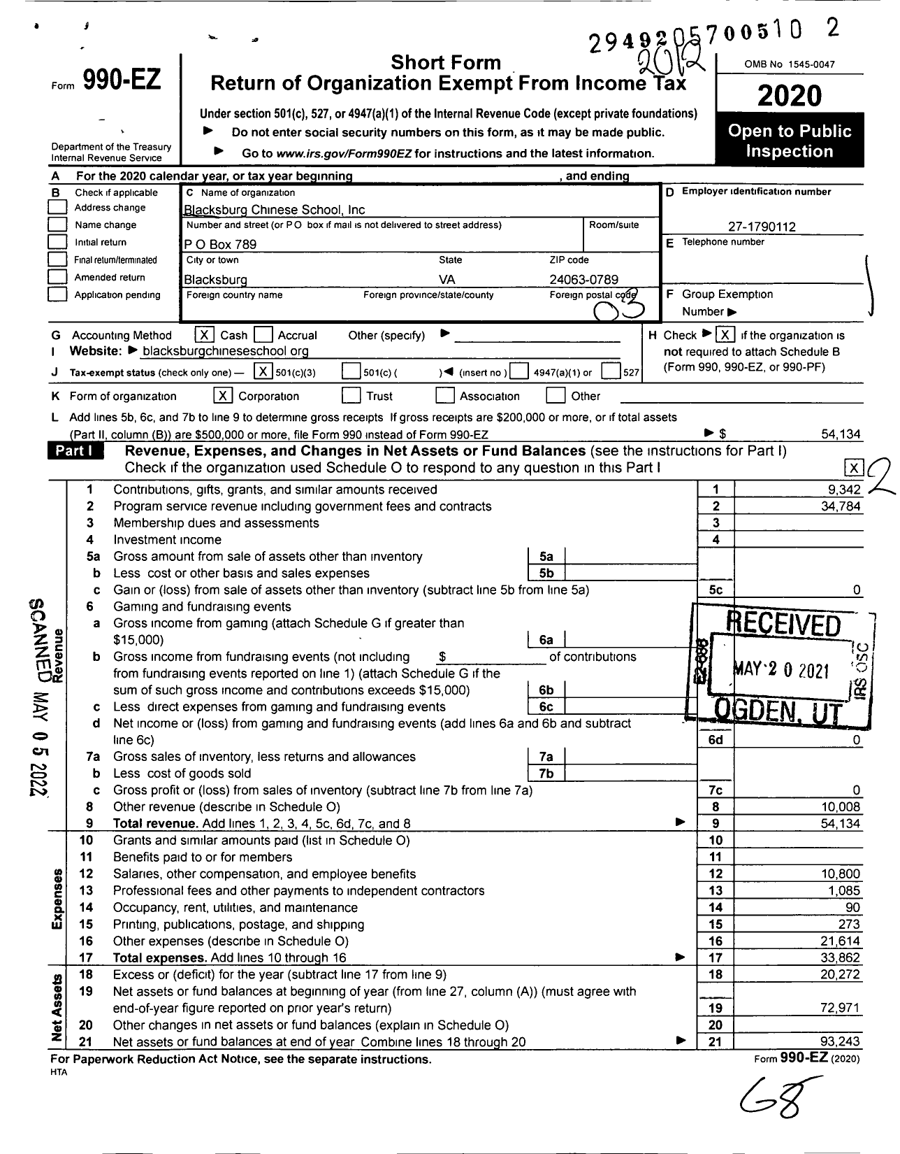 Image of first page of 2020 Form 990EZ for Blacksburg Chinese School