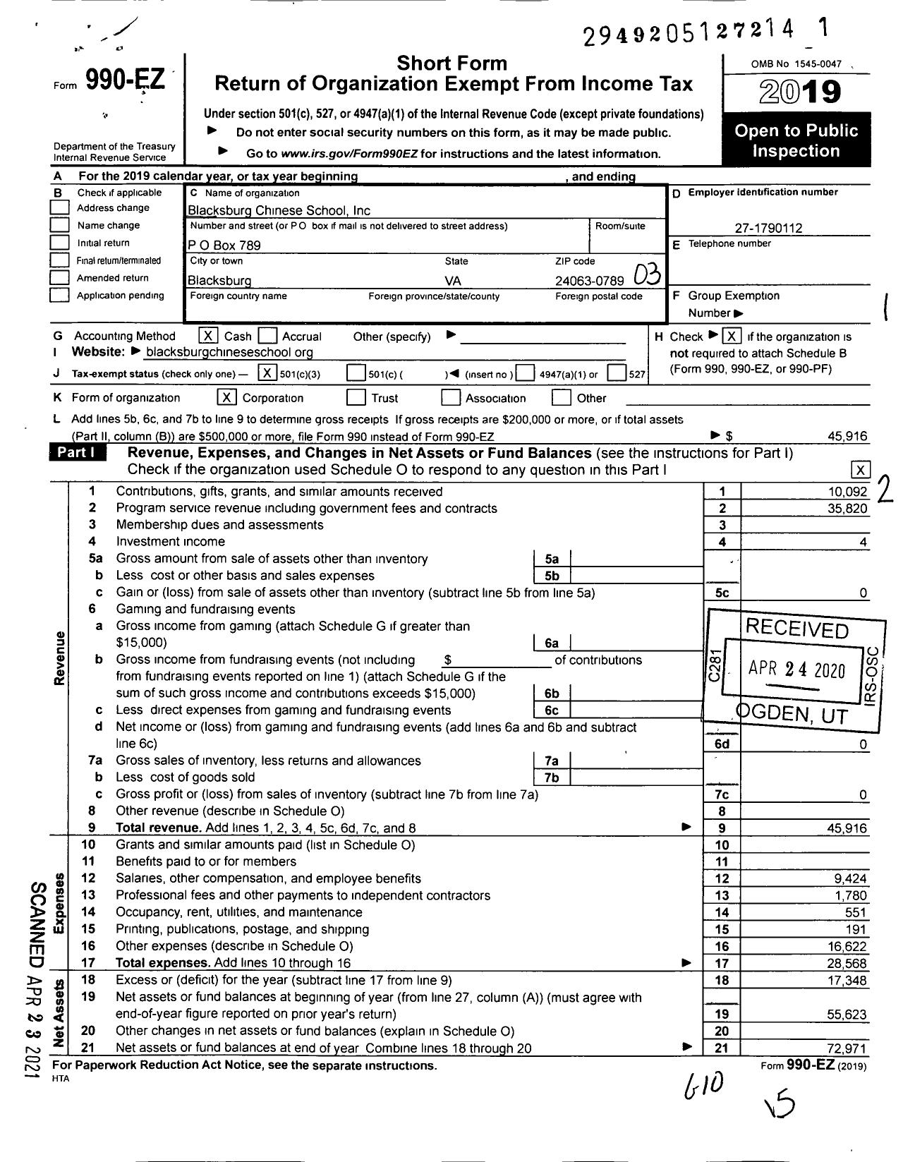 Image of first page of 2019 Form 990EZ for Blacksburg Chinese School