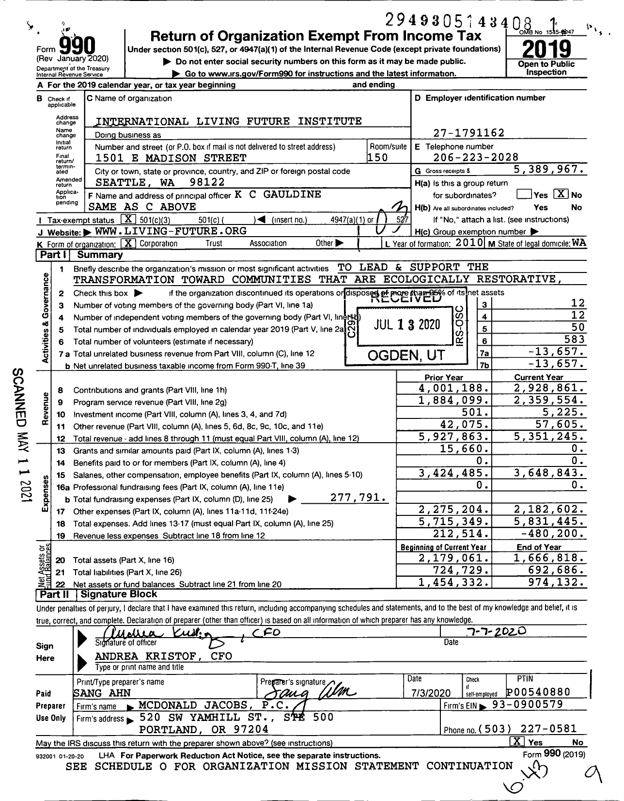 Image of first page of 2019 Form 990 for International Living Future Institute