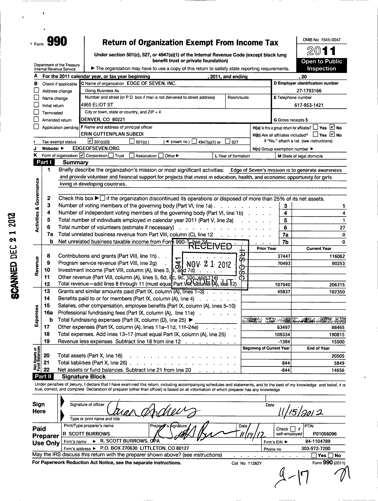 Image of first page of 2011 Form 990 for Edge of Seven