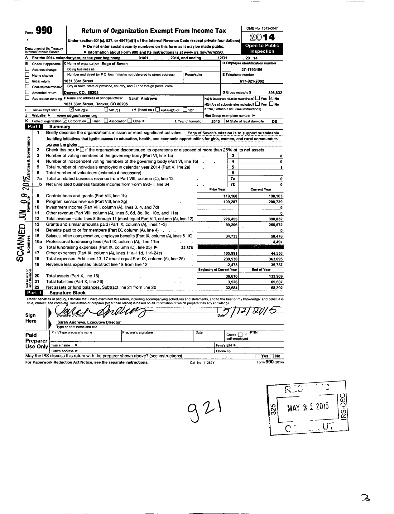 Image of first page of 2014 Form 990 for Edge of Seven