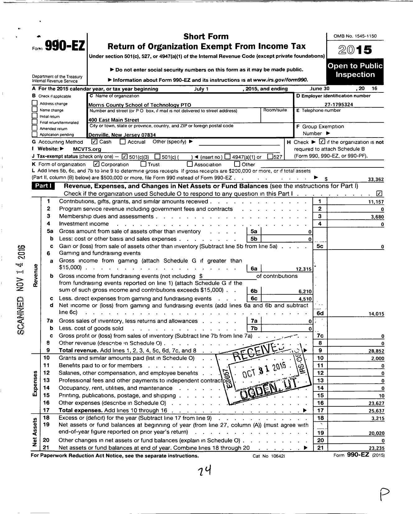 Image of first page of 2015 Form 990EZ for Morris County School of Technology Pto