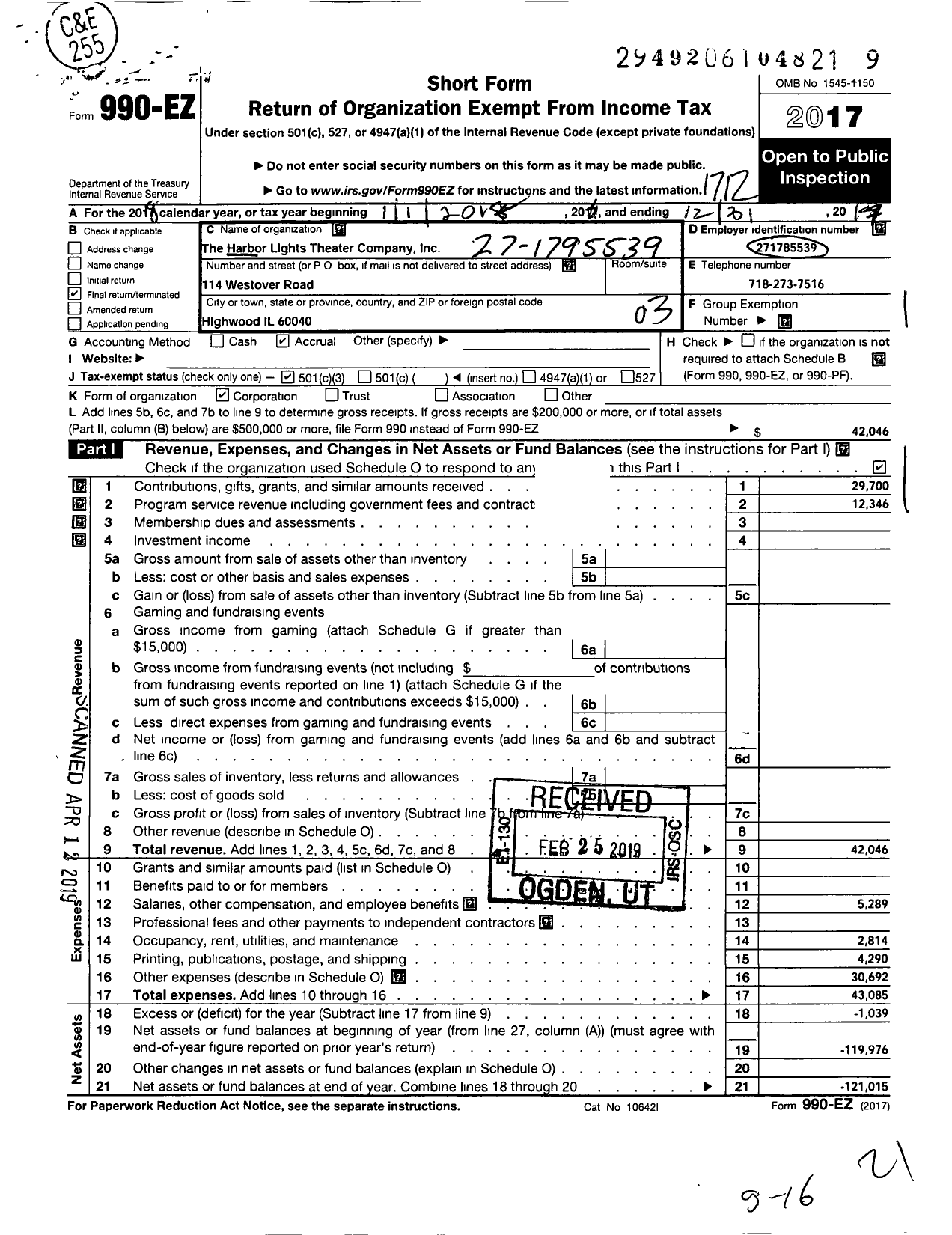 Image of first page of 2017 Form 990EZ for The Harbor Lights Theater Company