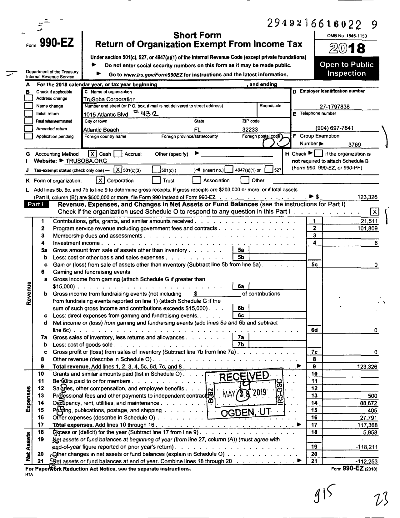 Image of first page of 2018 Form 990EZ for TruSoba Corporation