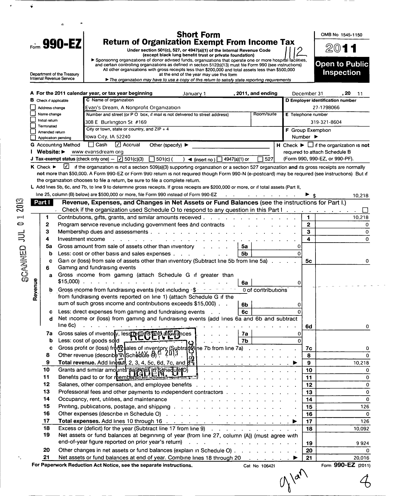 Image of first page of 2011 Form 990EZ for Evans Dream A Nonprofit Organization