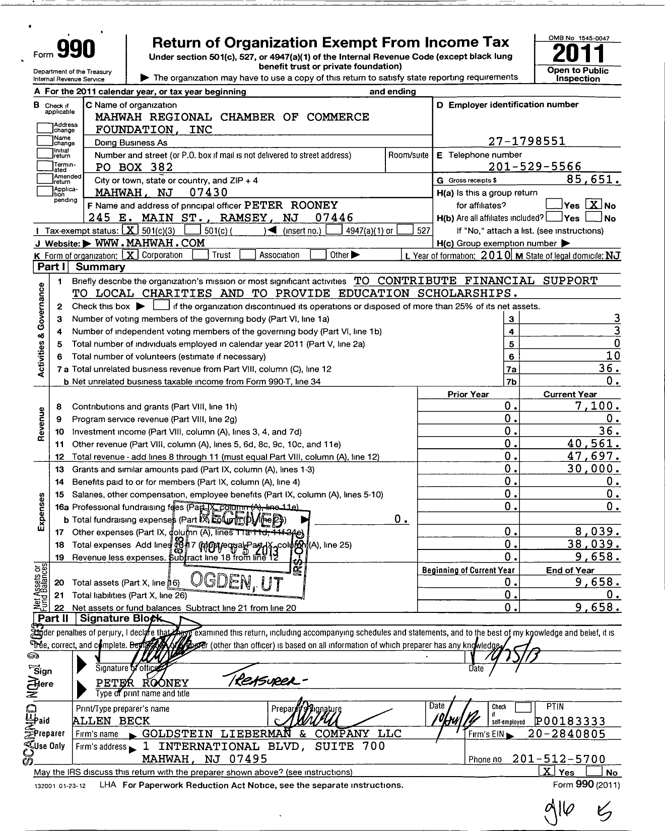 Image of first page of 2011 Form 990 for Mahwah Regional Chamber of Commerce Foundation