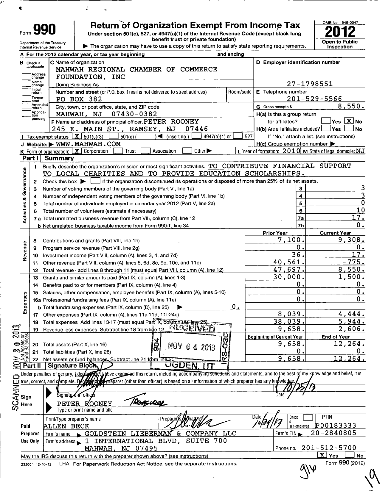 Image of first page of 2012 Form 990 for Mahwah Regional Chamber of Commerce Foundation