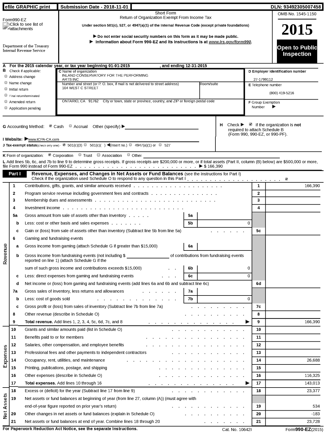 Image of first page of 2015 Form 990EZ for Inland Conservatory for the Performing Arts