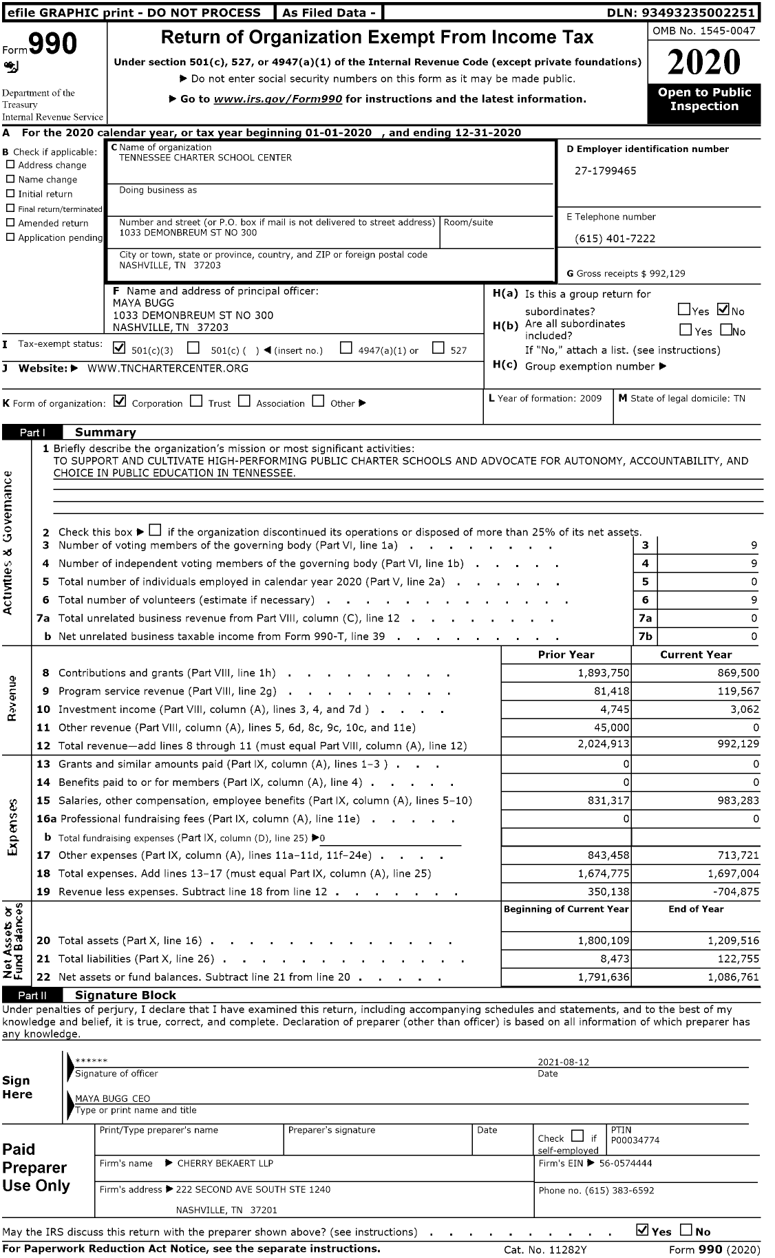 Image of first page of 2020 Form 990 for Tennessee Charter School Center