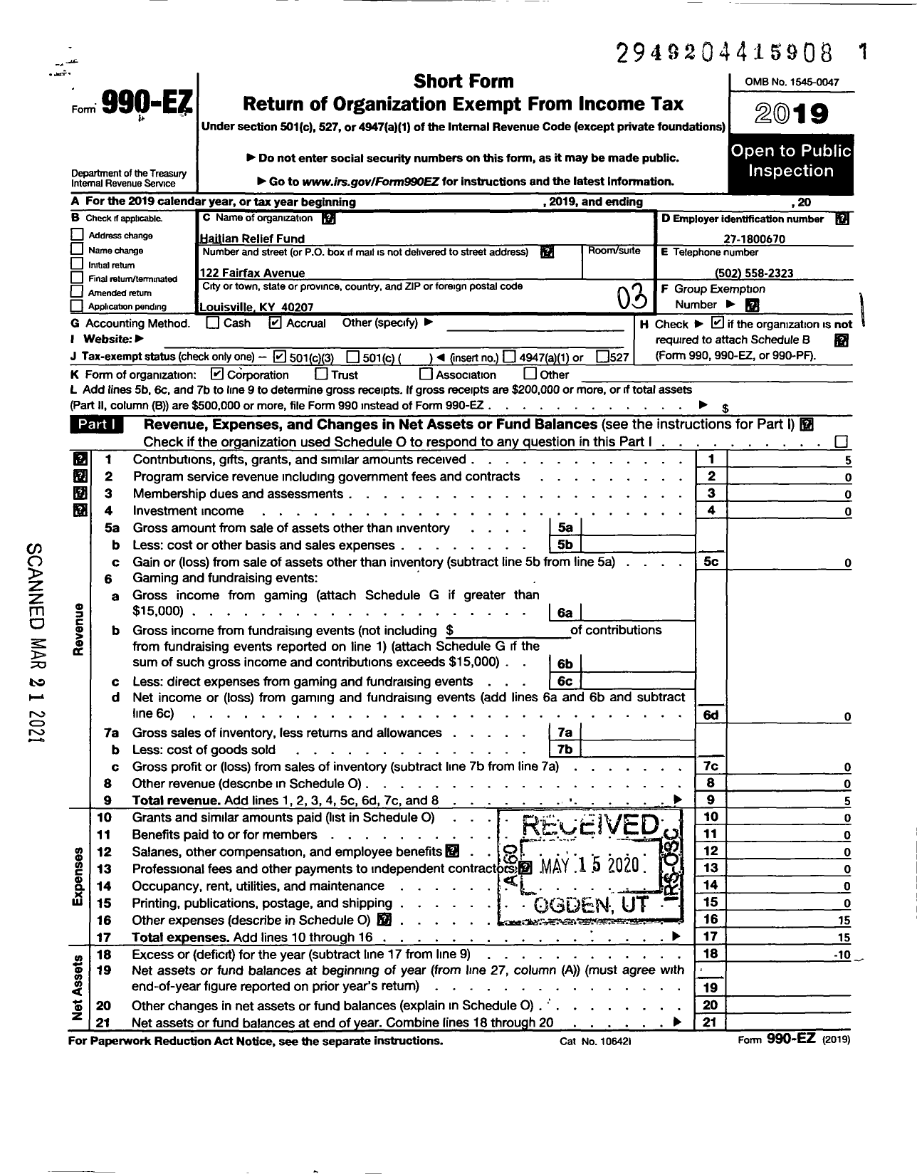 Image of first page of 2019 Form 990EZ for Haitian Relief Fund