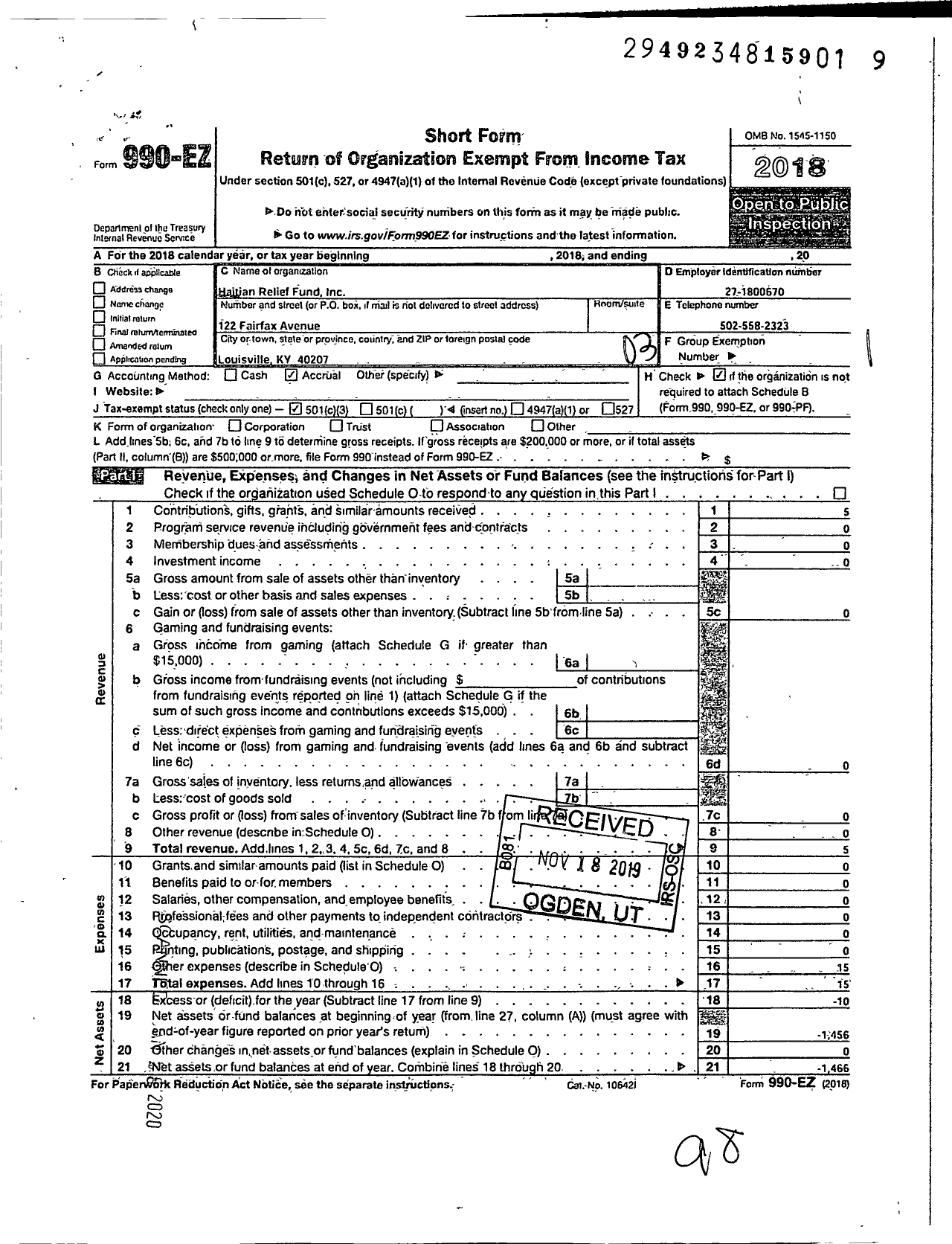 Image of first page of 2018 Form 990EZ for Haitian Relief Fund