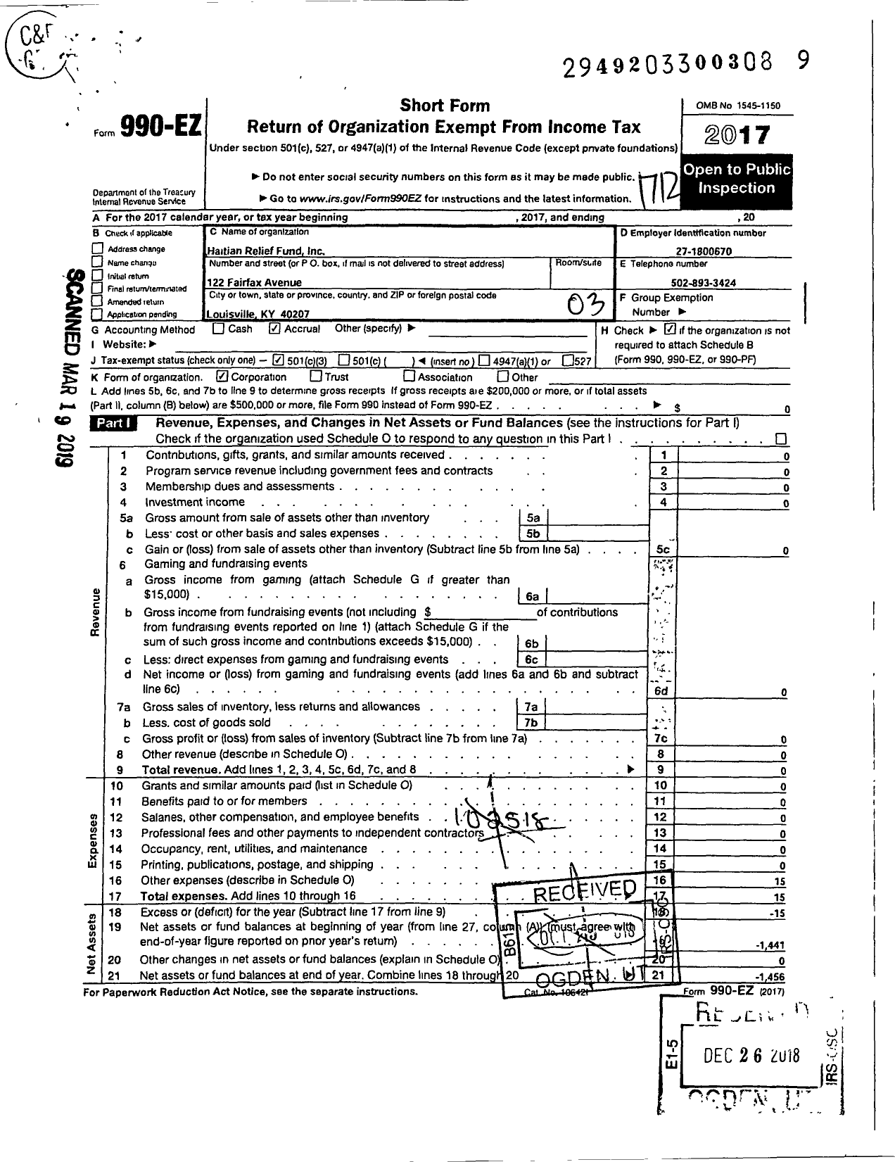 Image of first page of 2017 Form 990EZ for Haitian Relief Fund