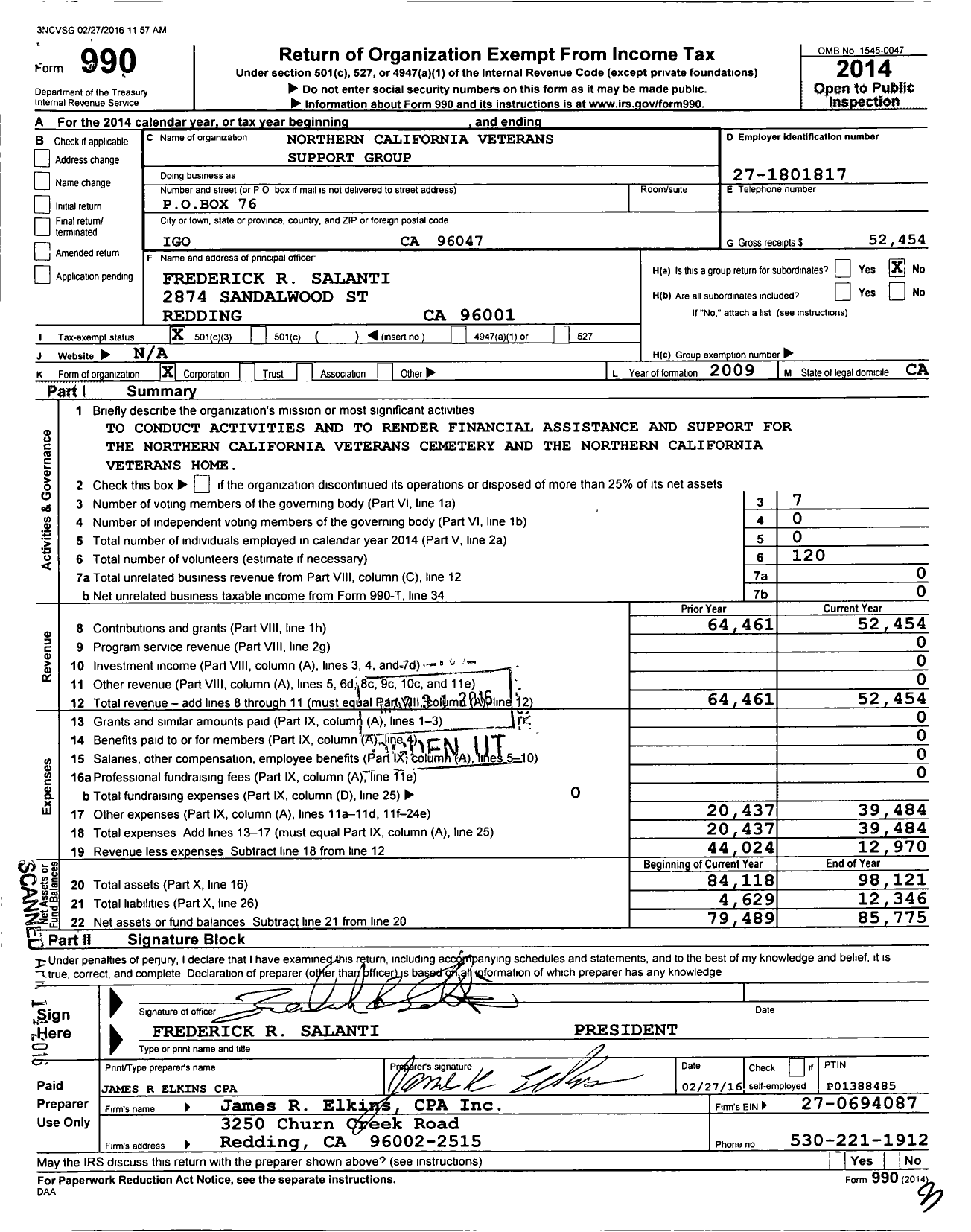 Image of first page of 2014 Form 990 for Northern California Veterans Support Group (NCVSG)