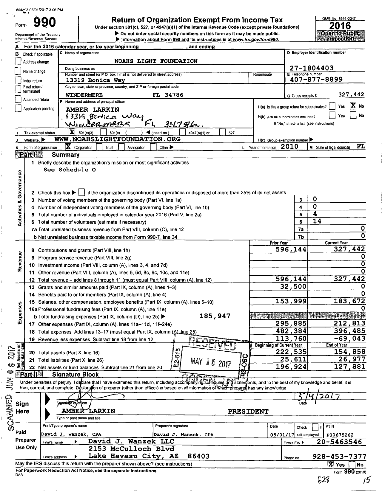 Image of first page of 2016 Form 990 for Noahs Light Foundation