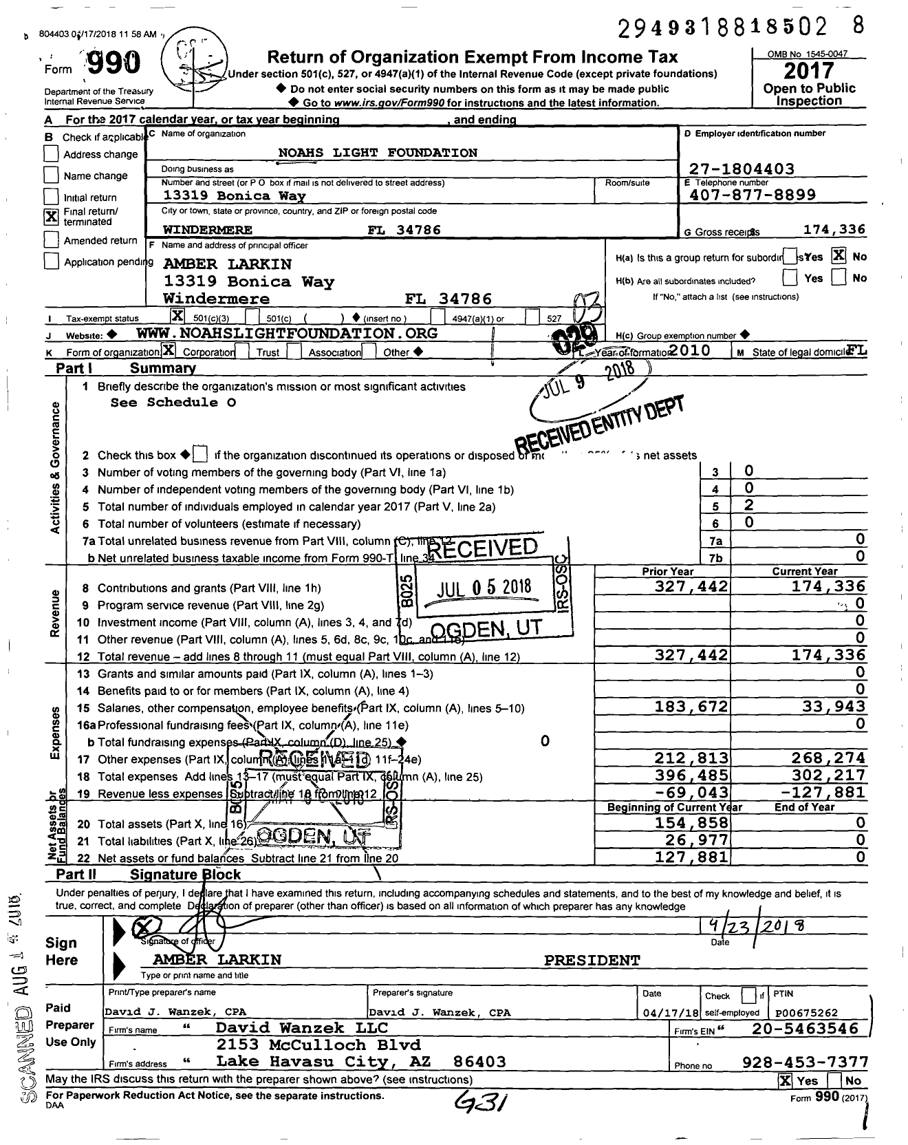 Image of first page of 2017 Form 990 for Noahs Light Foundation