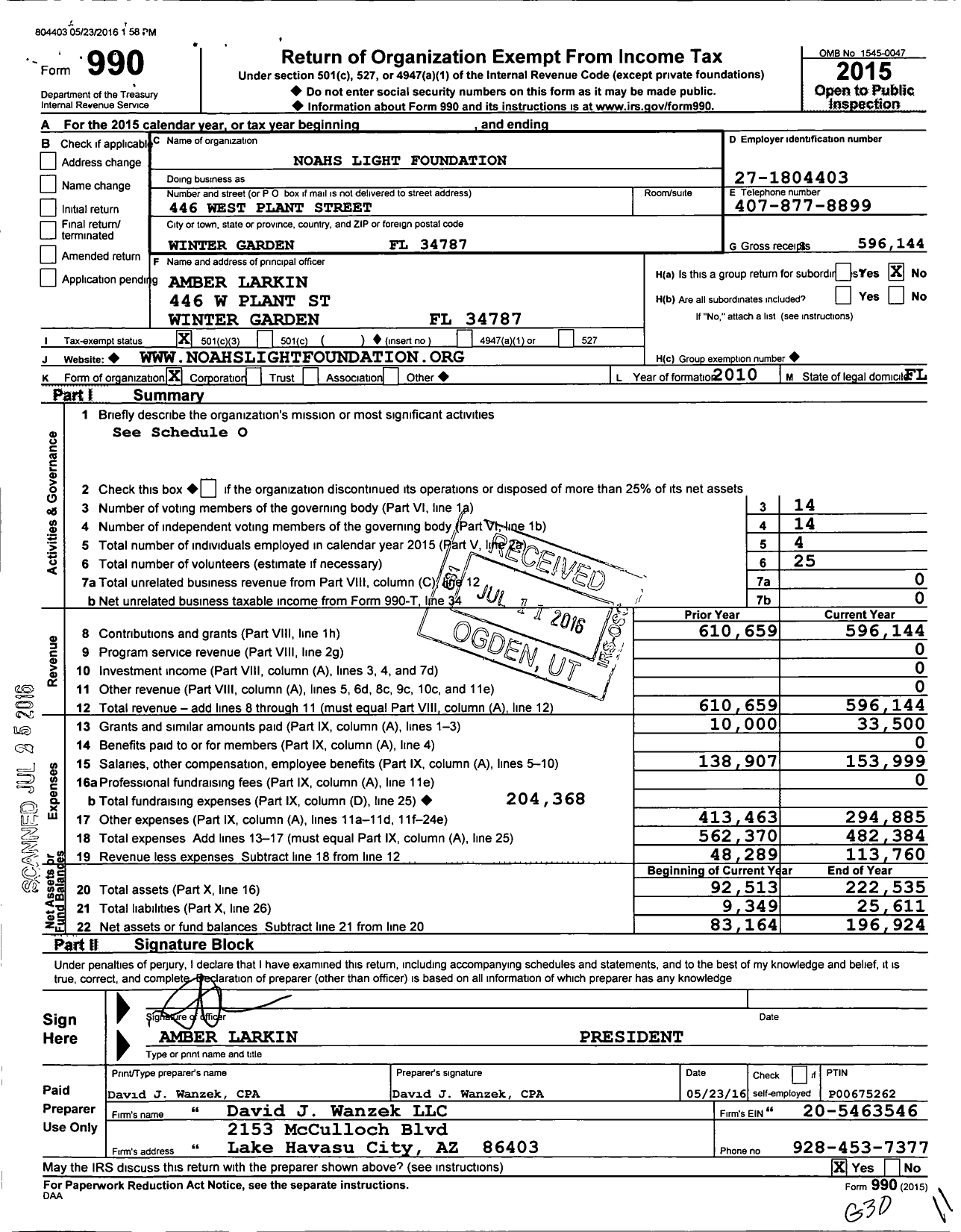 Image of first page of 2015 Form 990 for Noahs Light Foundation