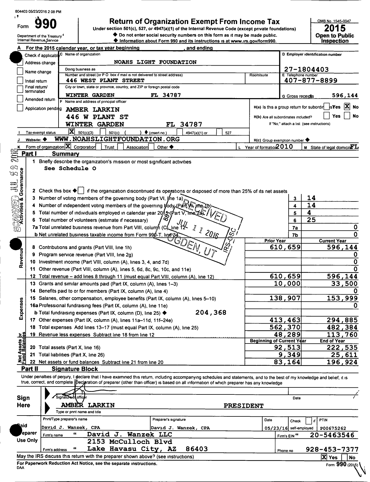 Image of first page of 2015 Form 990 for Noahs Light Foundation