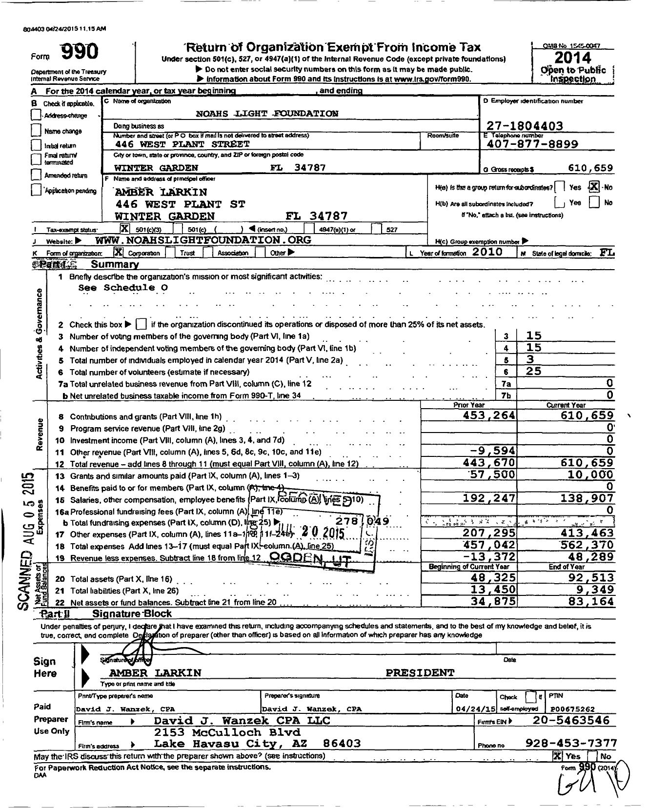 Image of first page of 2014 Form 990 for Noahs Light Foundation