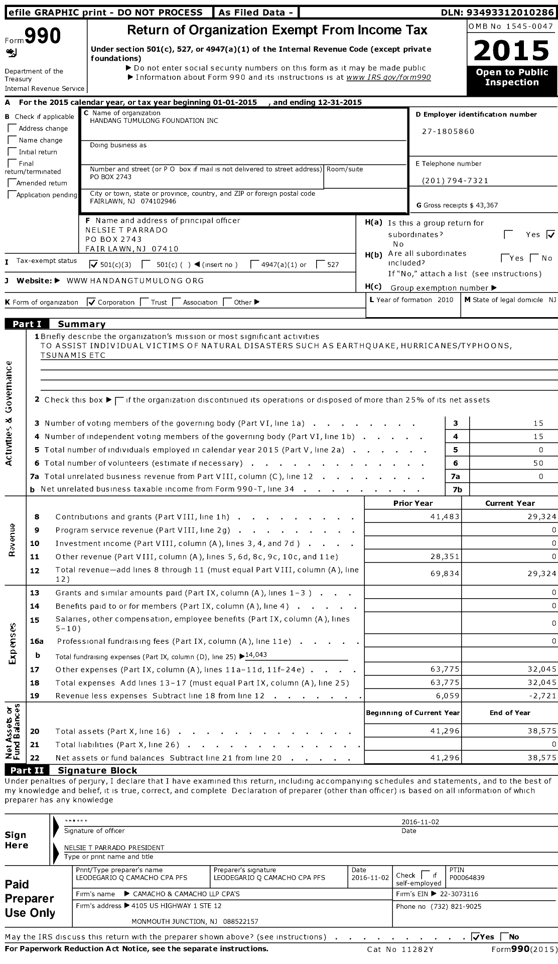 Image of first page of 2015 Form 990 for Handang Tumulong Foundation