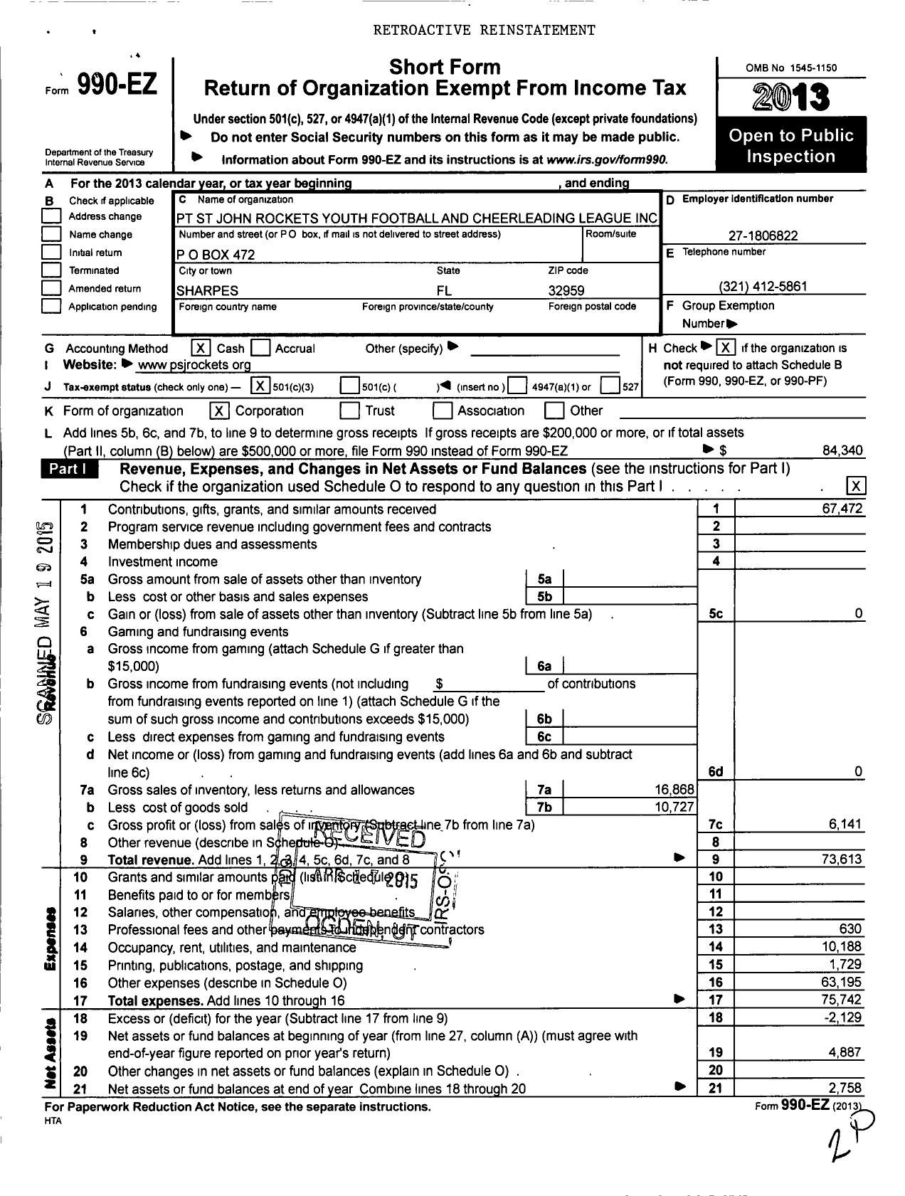 Image of first page of 2013 Form 990EZ for Space Coast Panthers