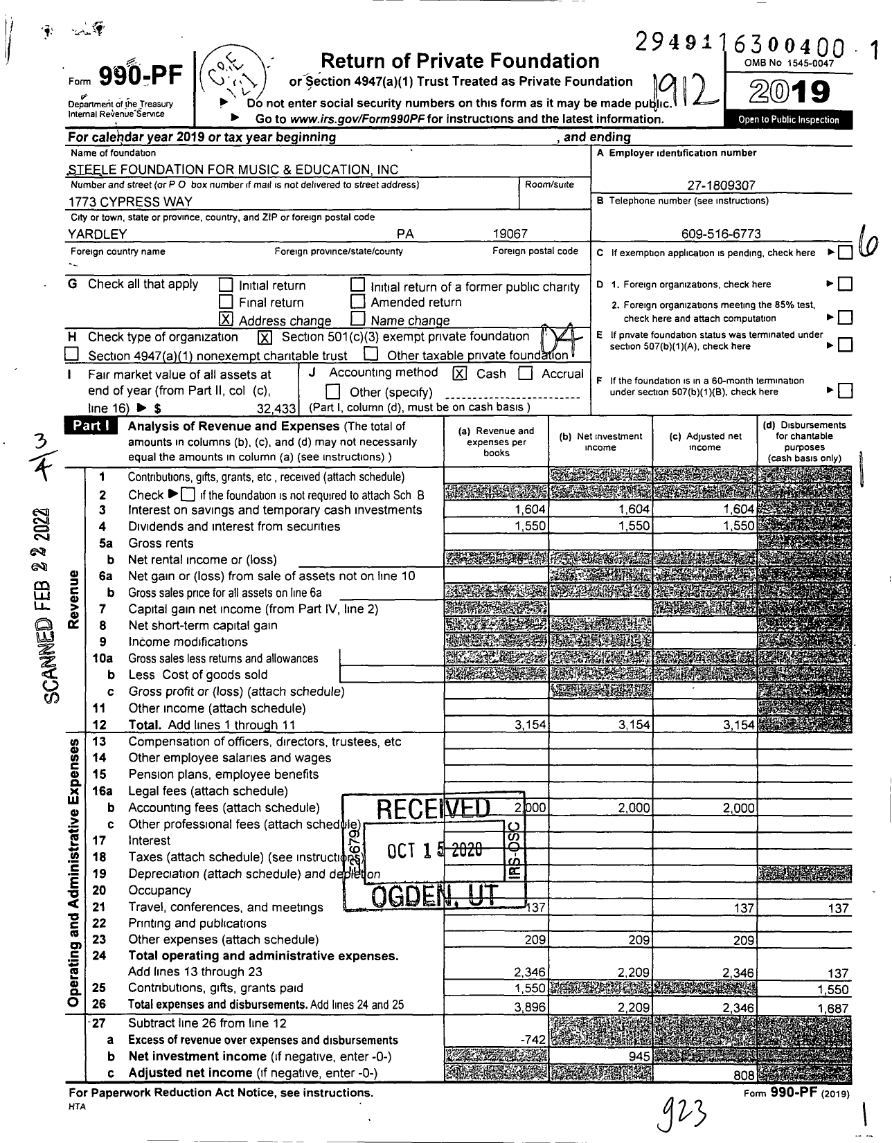 Image of first page of 2019 Form 990PF for Steele Foundation for Music and Education