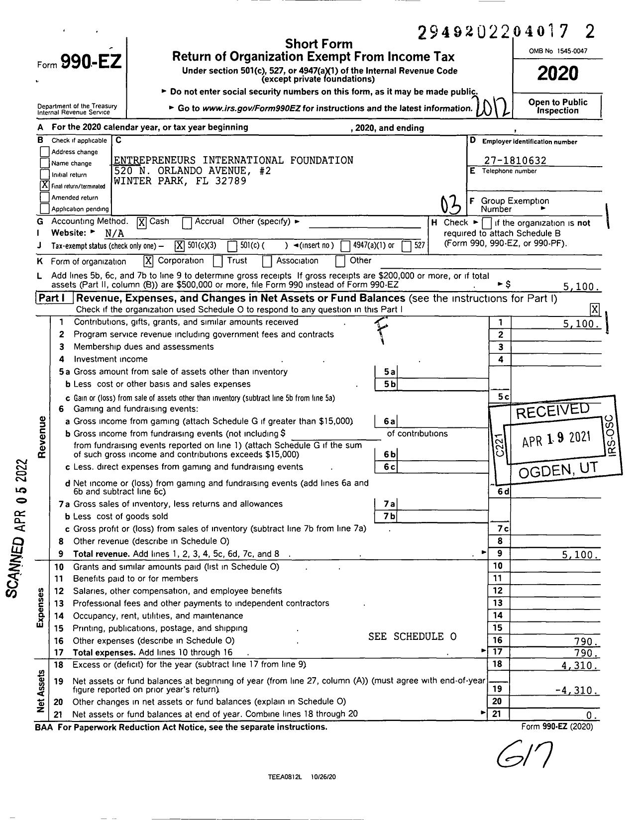 Image of first page of 2020 Form 990EZ for Entrepreneurs International Foundation