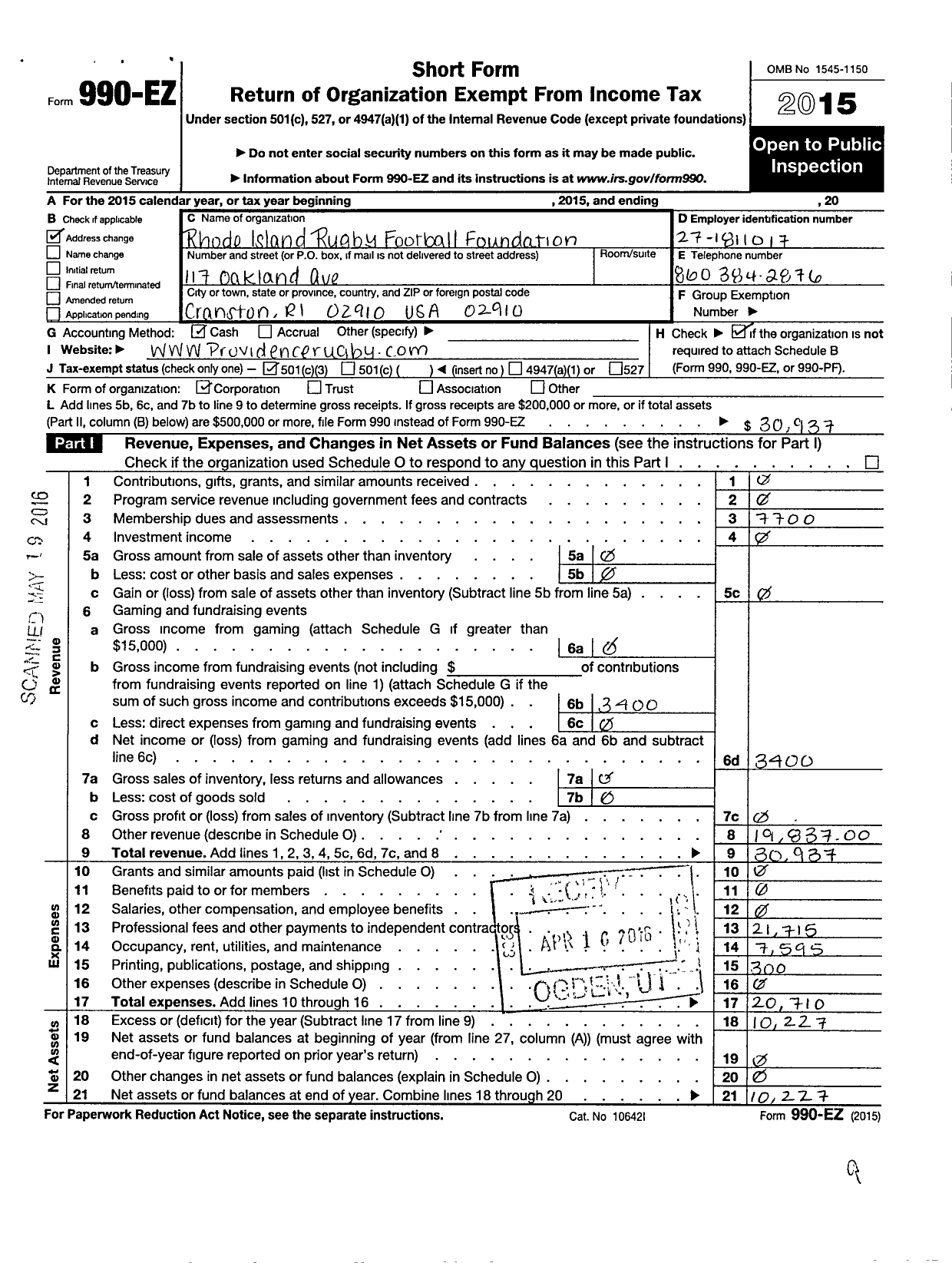 Image of first page of 2015 Form 990EZ for Rhode Island Rugby Football Foundation