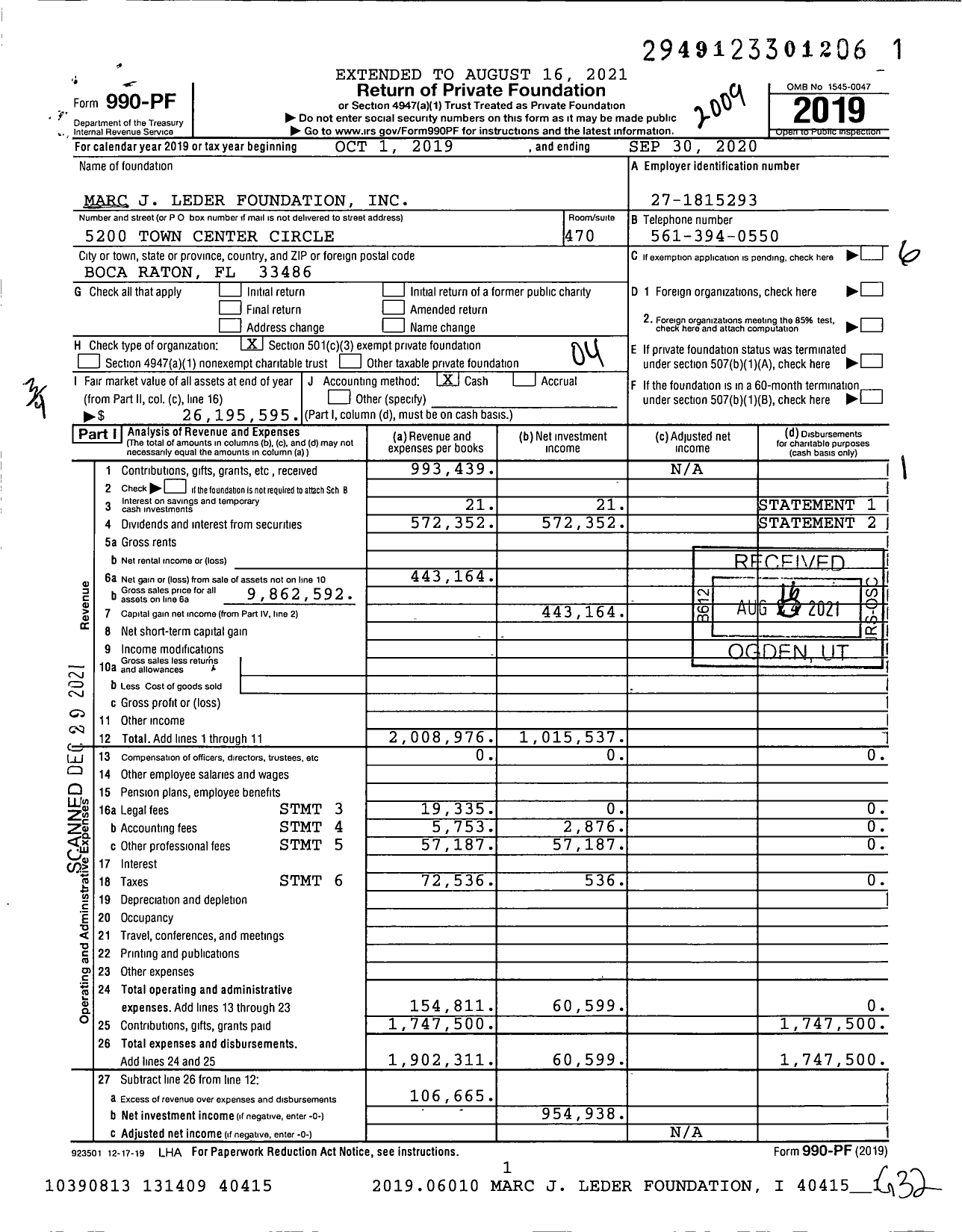 Image of first page of 2019 Form 990PF for Marc J Leder Foundation