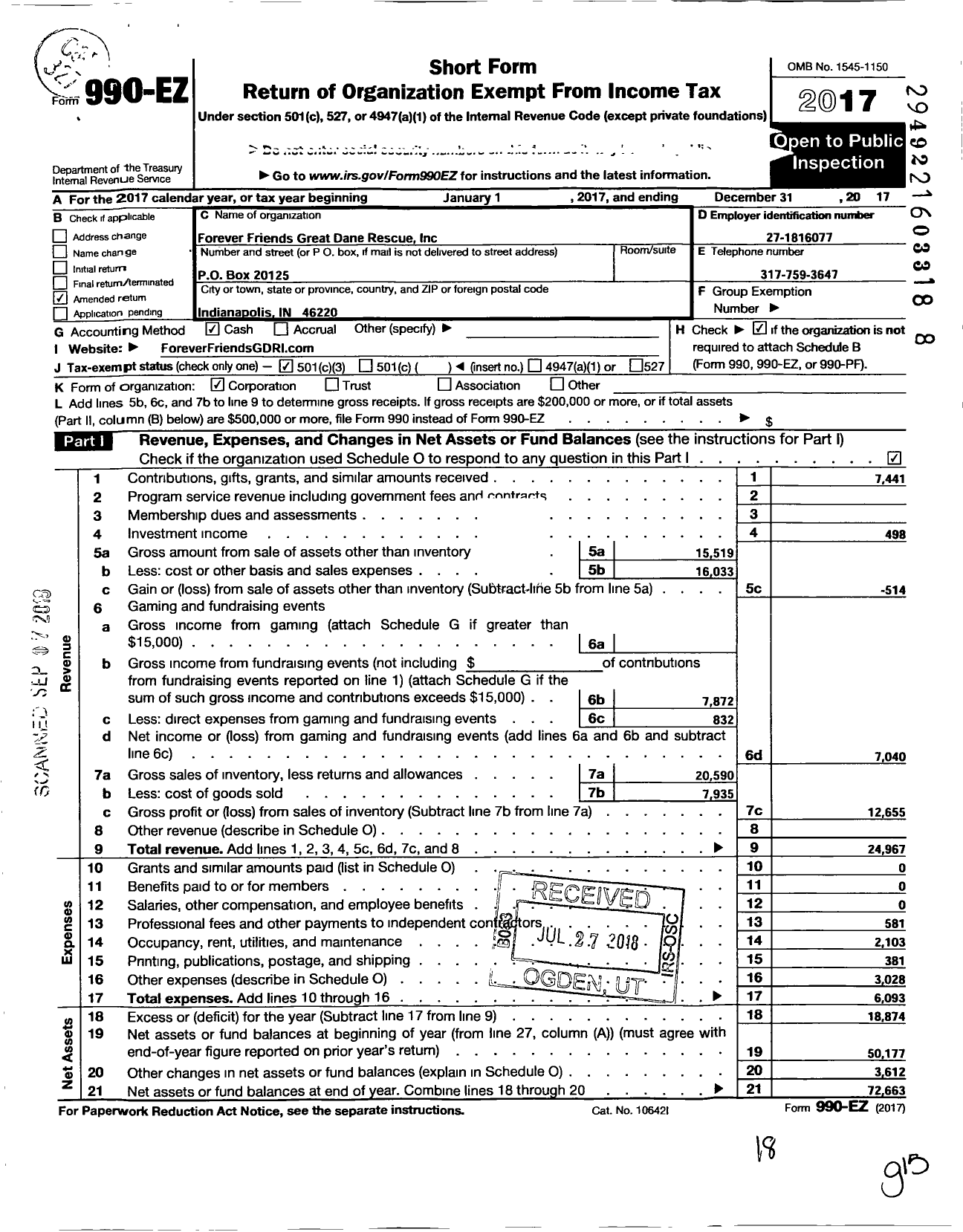 Image of first page of 2017 Form 990EZ for Forever Friends Great Dane Rescue