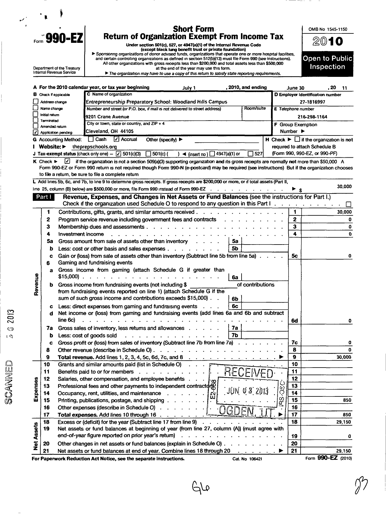 Image of first page of 2010 Form 990EZ for Entrepreneurship Preparatory School Woodland Hills Campus