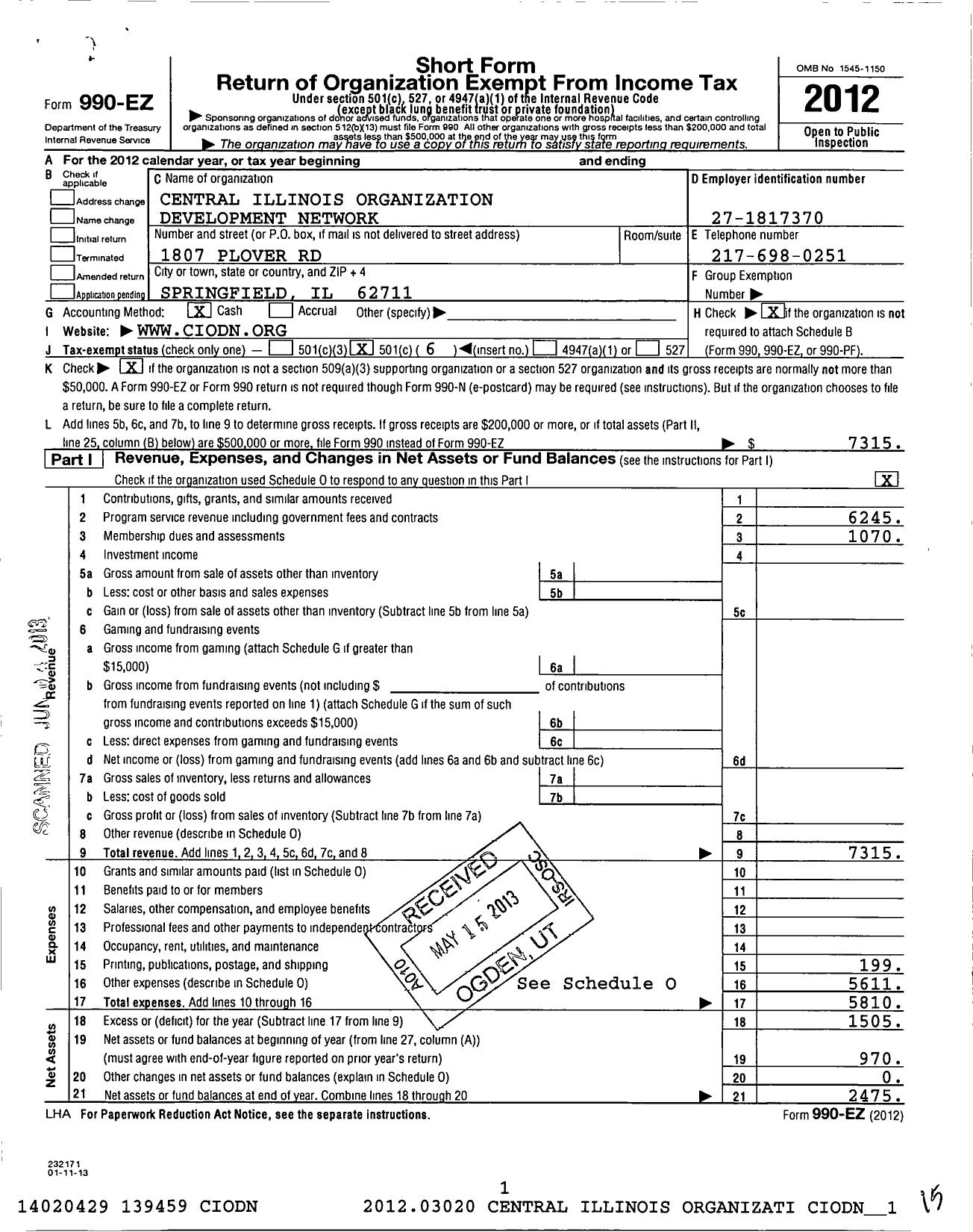 Image of first page of 2012 Form 990EO for Central Illinois Organization Development Network (CIODN)