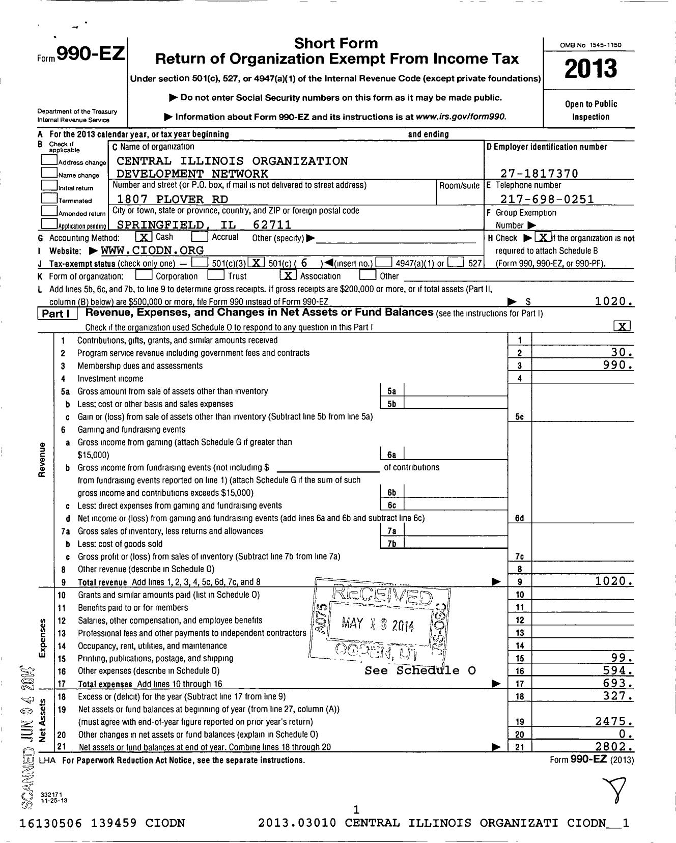 Image of first page of 2013 Form 990EO for Central Illinois Organization Development Network (CIODN)