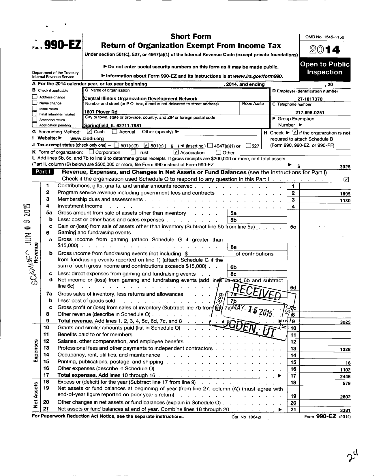 Image of first page of 2014 Form 990EO for Central Illinois Organization Development Network (CIODN)