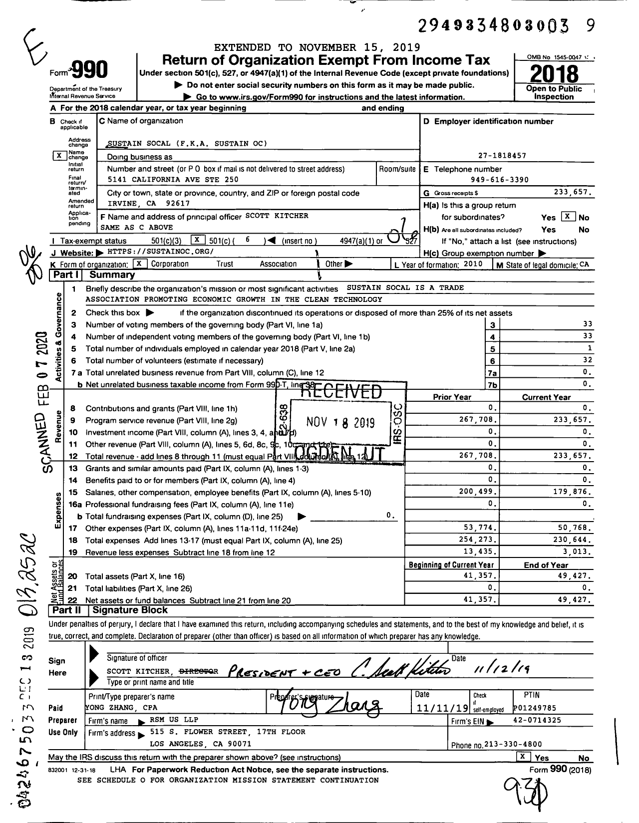 Image of first page of 2018 Form 990O for Sustain Socal