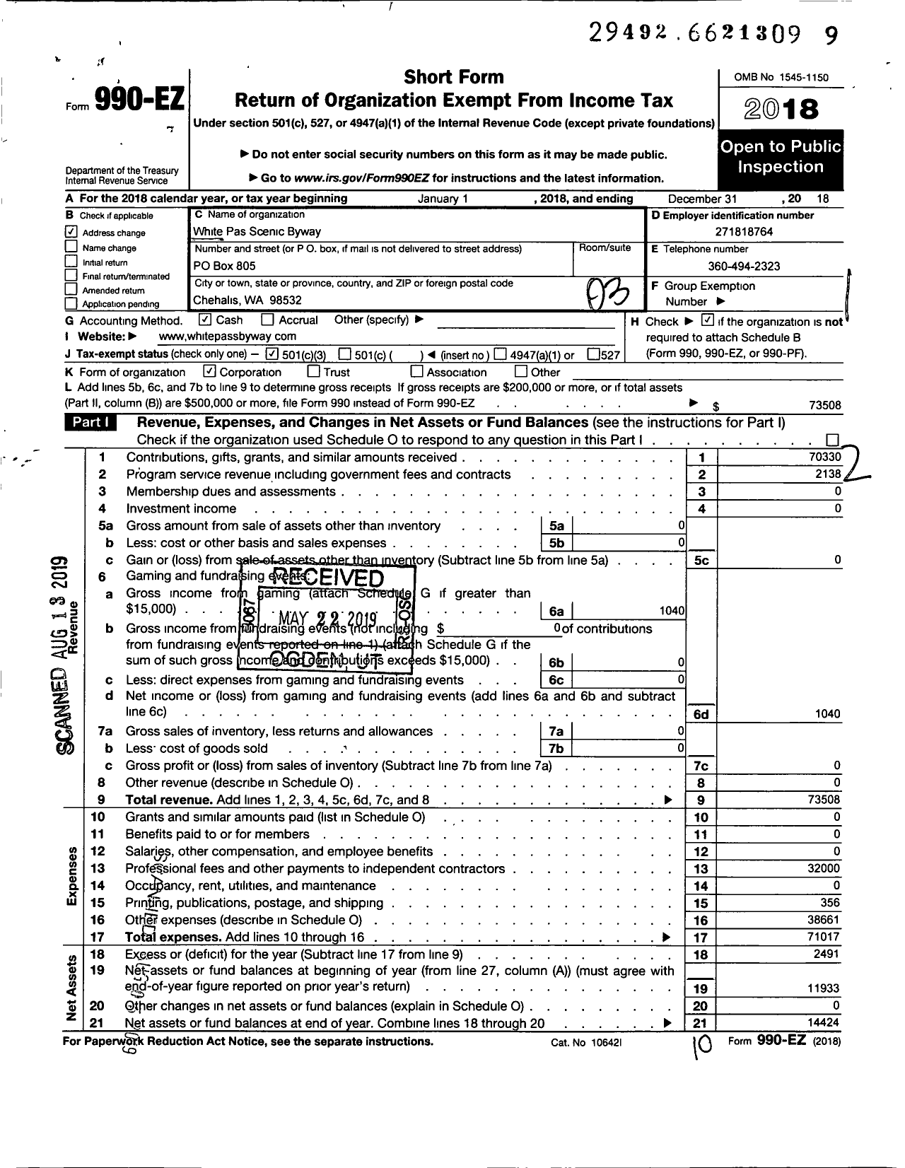 Image of first page of 2018 Form 990EZ for White Pass Scenic Byway