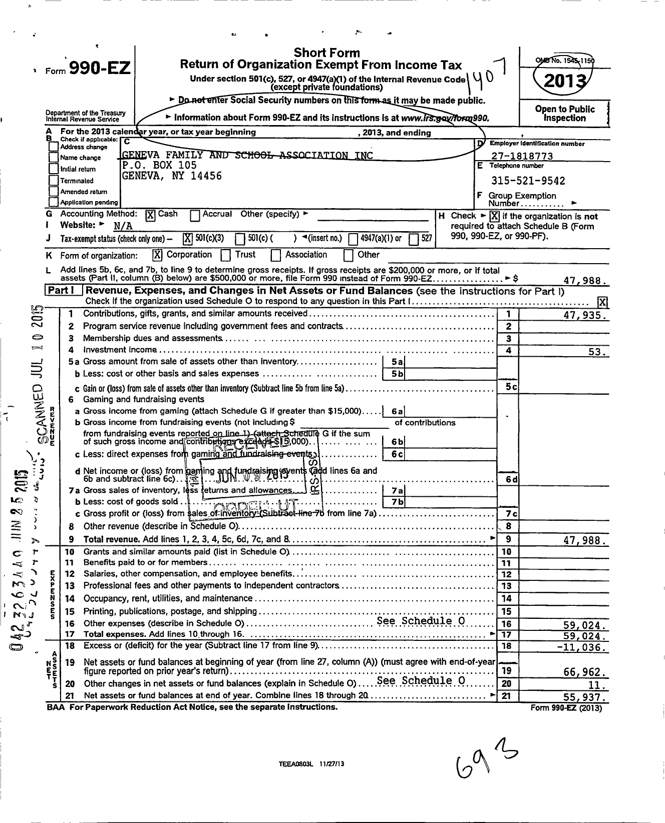 Image of first page of 2013 Form 990EZ for Geneva Family and School Association