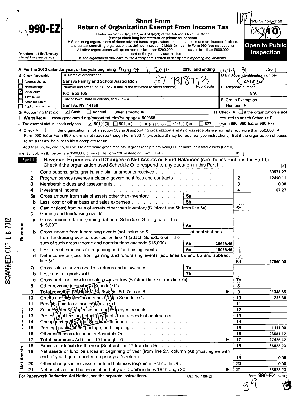 Image of first page of 2010 Form 990EZ for Geneva Family and School Association