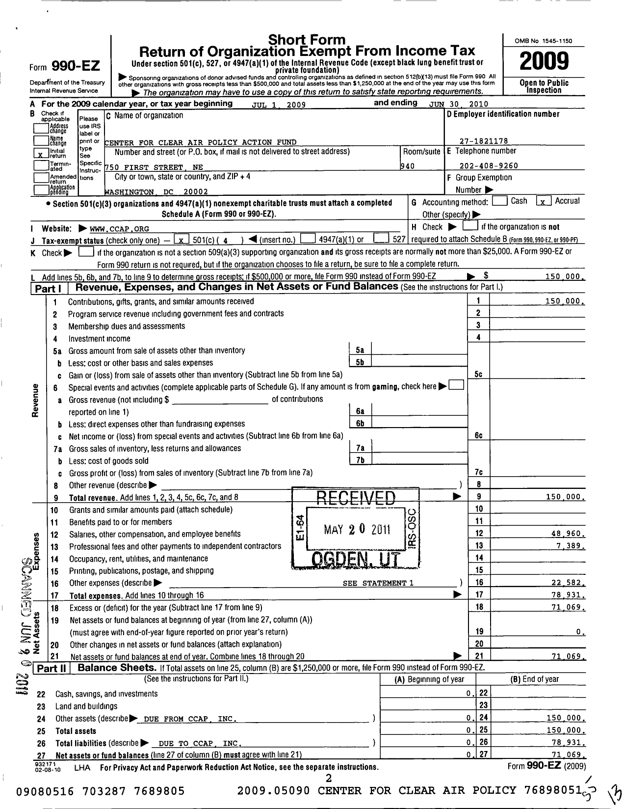 Image of first page of 2009 Form 990EO for Ccap Action Fund