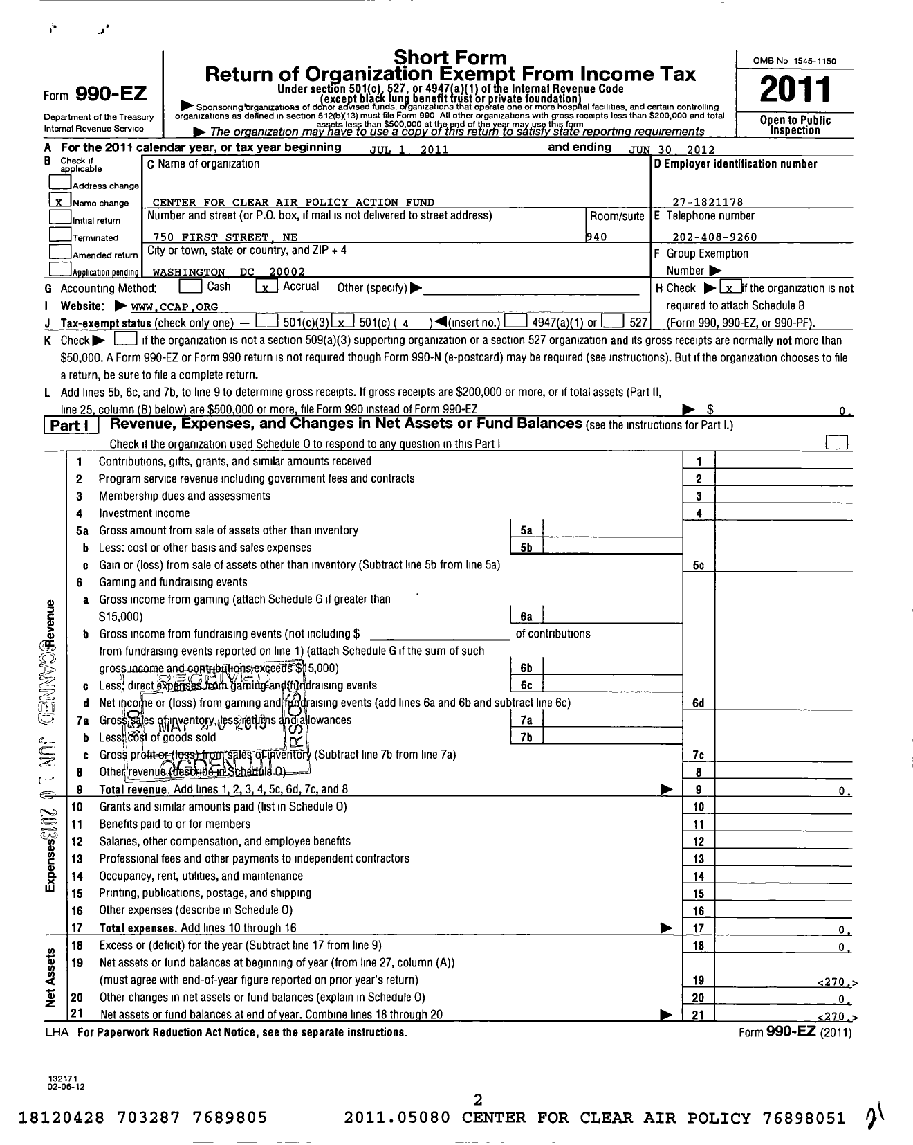 Image of first page of 2011 Form 990EO for Ccap Action Fund