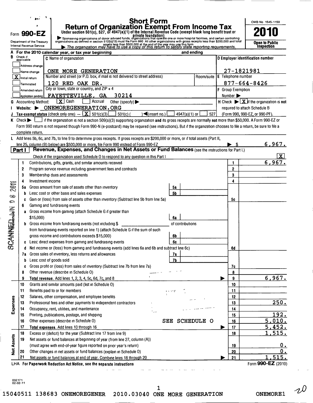 Image of first page of 2010 Form 990EZ for One More Generation