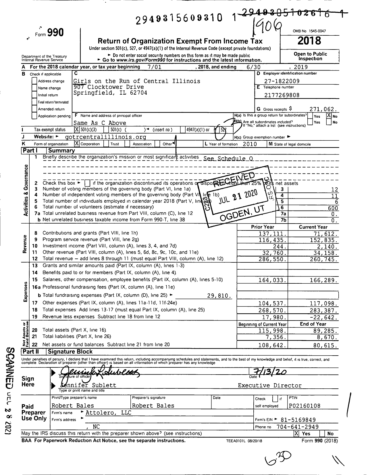 Image of first page of 2018 Form 990 for Girls on the Run of Central Illinois